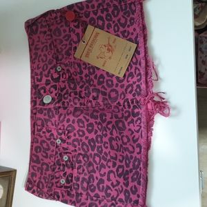 HTF True Religion denim pink cheetah mini skirt sz 26